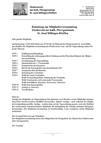 Einladung zur Mitgliederversammlung des Förderveins

